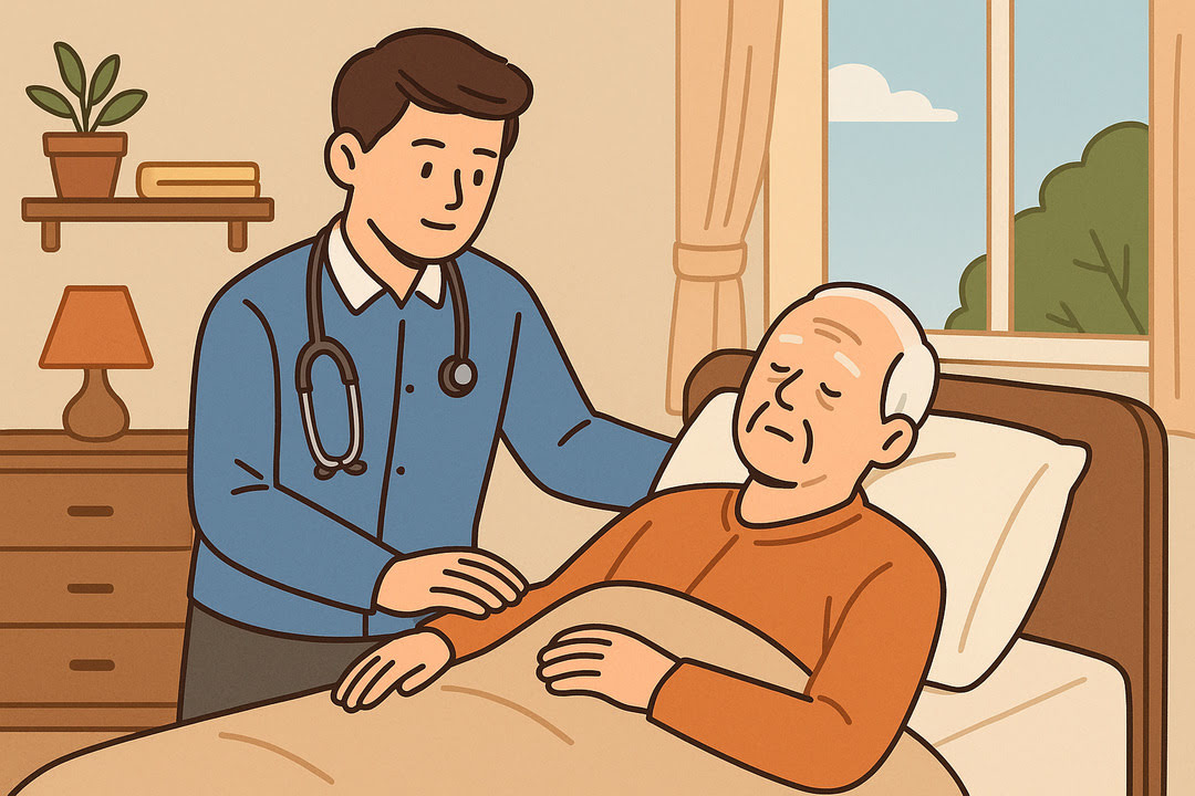 청년이 노령의 가족을 돌보는 장면 사진