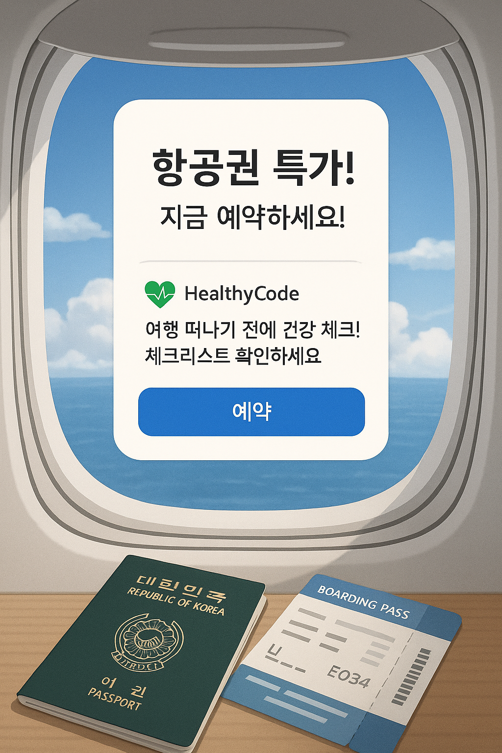 항공기 창문 너머로 보이는 하늘과 여권, 특가 프로모션 알림창