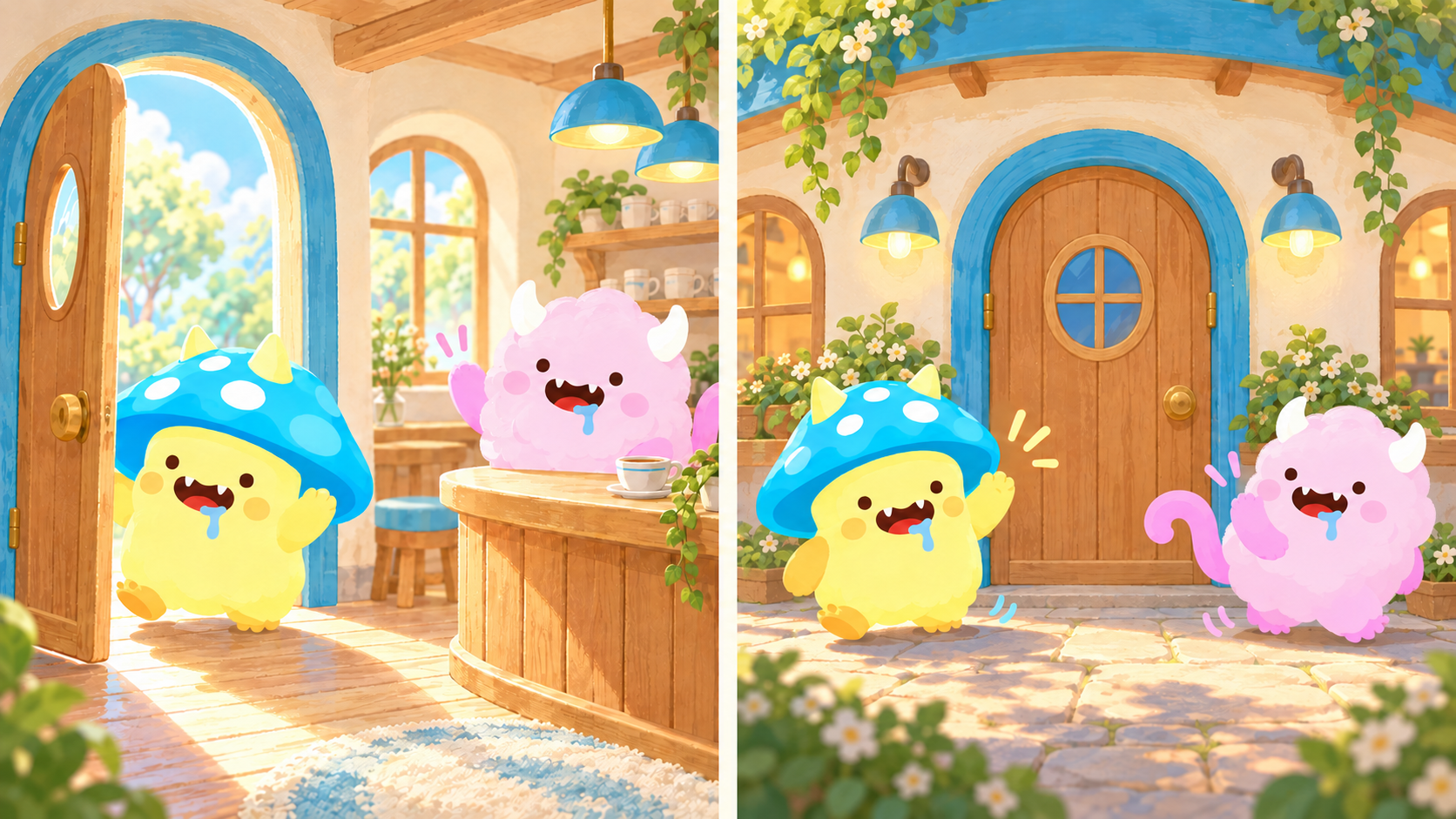 Two farewell scenes: Bode leaves the cafe while ShuShu stays inside; then both leave the closed cafe in opposite directions, waving goodbye.