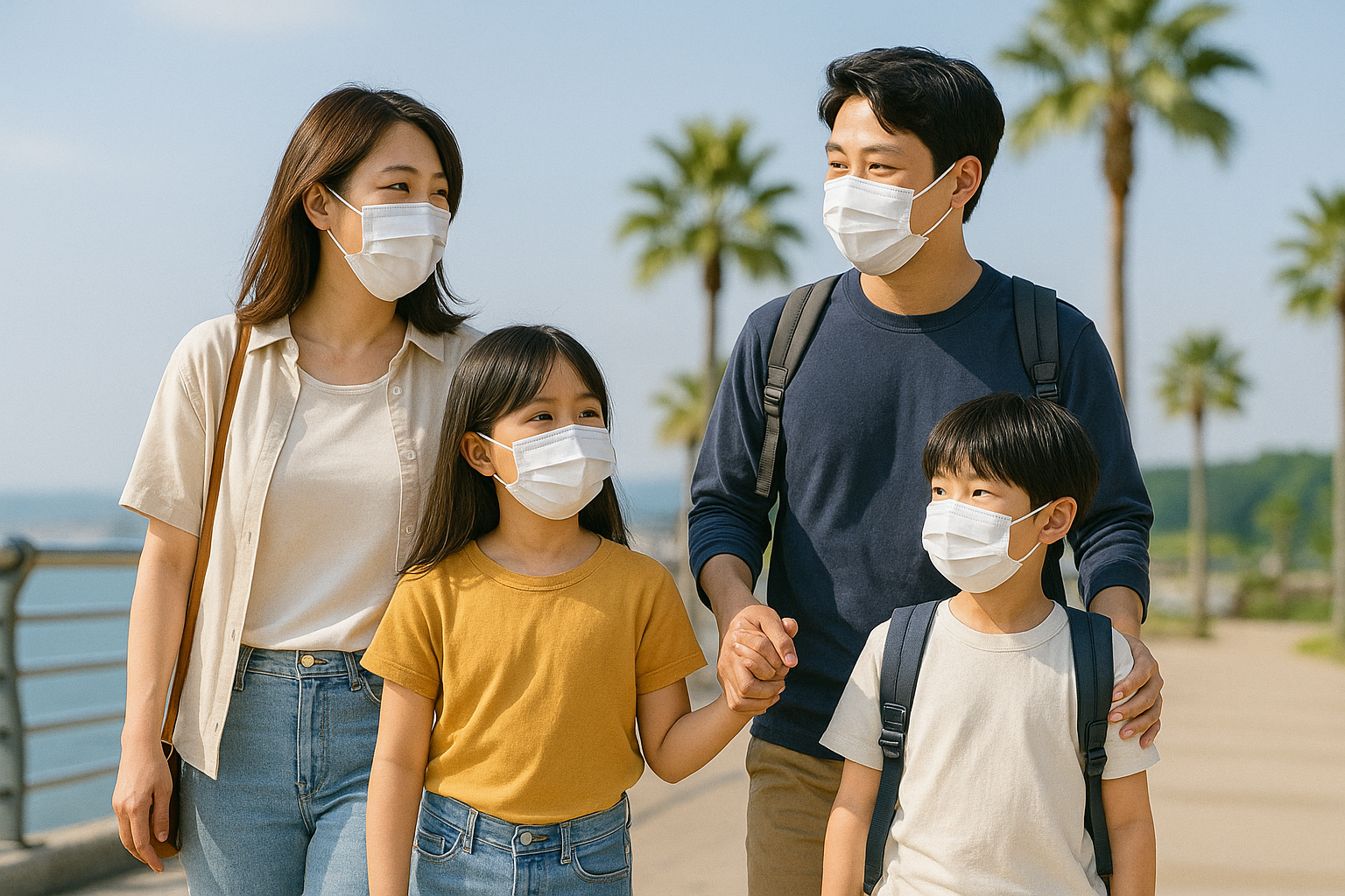 가족 여행 중 방역수칙을 지키는 모습