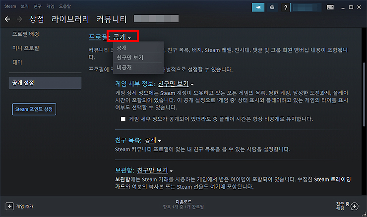 스팀-공개-설정-프로필-비공개-변경-선택-화면