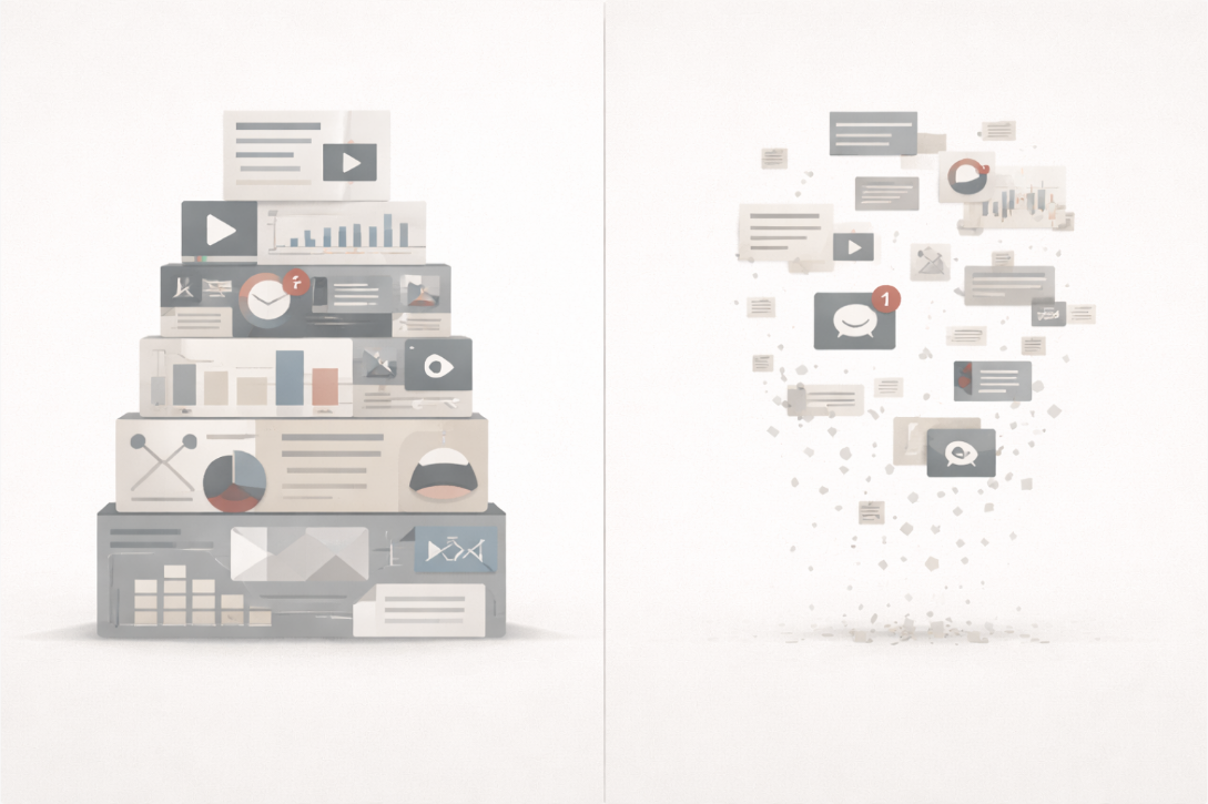 자산형 정보 vs 휘발성 정보 비교 인포그래픽: 좌측은 시간이 지날수록 쌓이는 구조, 우측은 소비 즉시 사라지는 구조