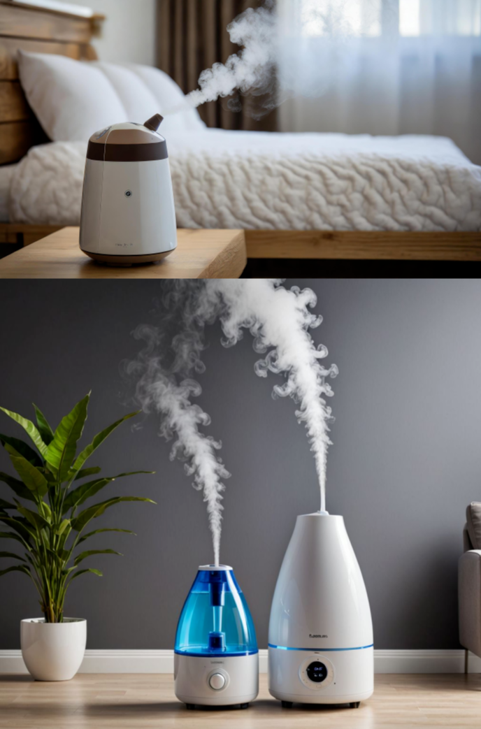 건조한 실내 습도 관리를 위한 가정용 가습기들, 침실과 거실에서 다양한 디자인의 가습기에서 수증기가 뿜어져 나오는 모습