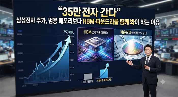 '35만전자 간다'와 HBM·파운드리를 설명하는 뉴스 화면.