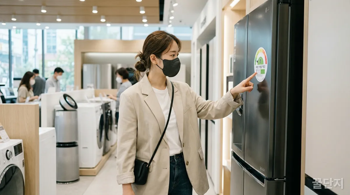 에너지 효율 1등급 가전제품의 라벨을 확인하는 소비자