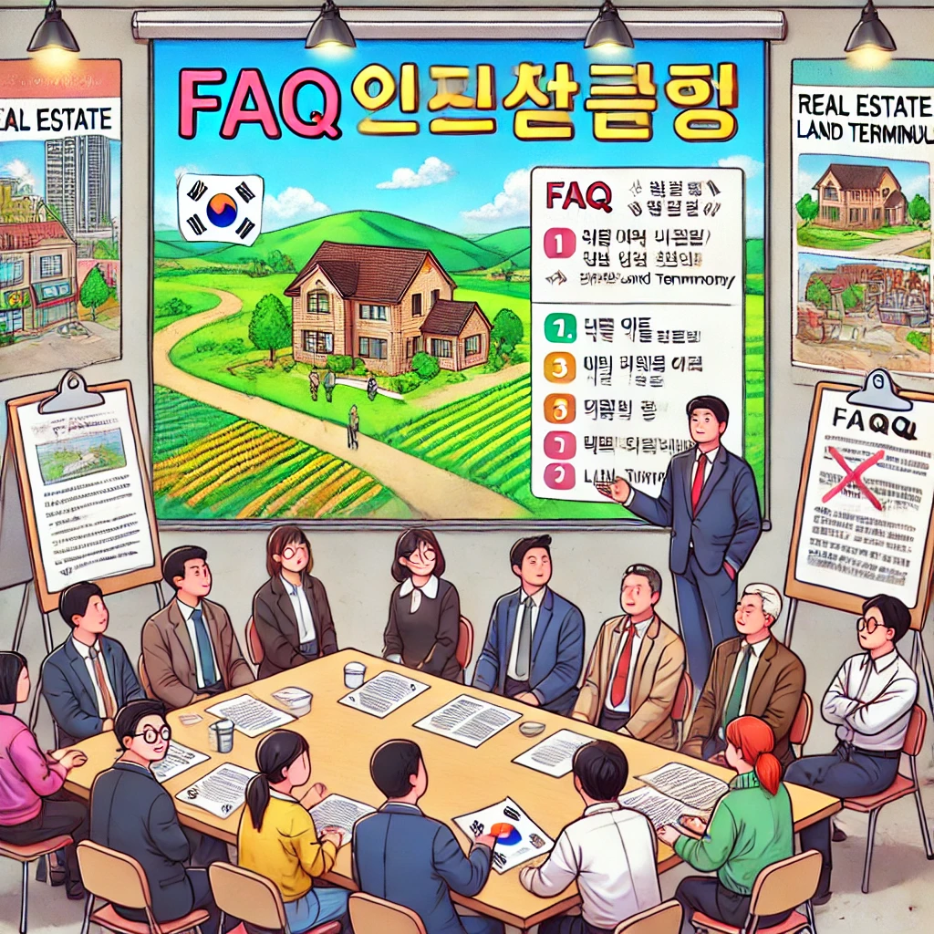 토지 용어 FAQ 세션, 다양한 인물들이 '지목', '용도지역', '건축제한구역'에 대한 질문과 답변을 주고받으며 활발히 참여하는 모습