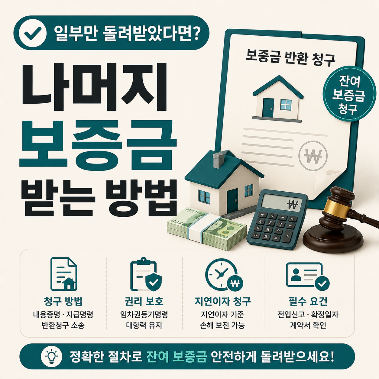 보증금 일부만 돌려받은 세입자가 나머지 잔여 보증금 청구 방법을 확인하는 이미지