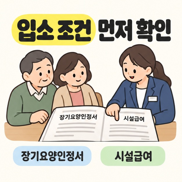 입소 조건 먼저 확인 제목 아래 가족 보호자들과 상담자가 장기요양인정서를 펼치고 시설급여 항목을 함께 확인하는 모습