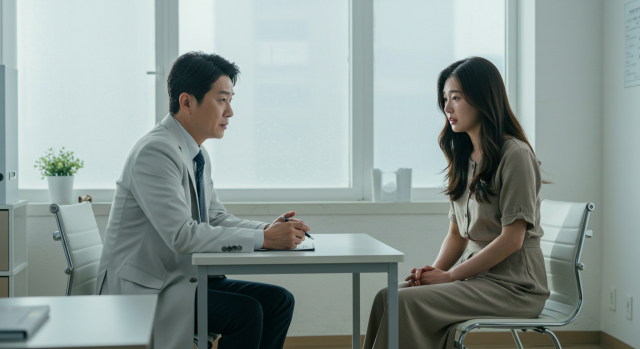 정신과 의사와 상담 중인 한국인 여성의 모습