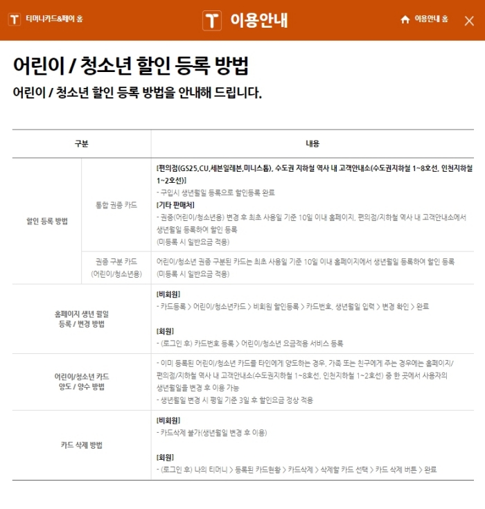 어린이, 청소년 할인 및 카드 등록 방법
