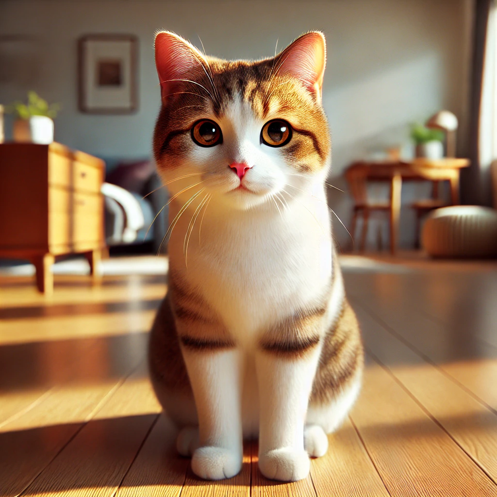 코리안 숏헤어(믹스) 고양이가 나무 바닥 위에 앉아 있는 모습. 흰색과 갈색, 검은색이 섞인 털과 노란 눈이 특징이다.