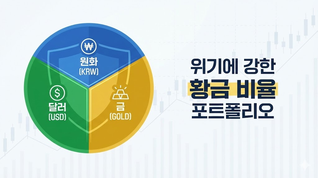 원화, 달러, 금으로 구성된 자산 배분 포트폴리오 다이어그램.