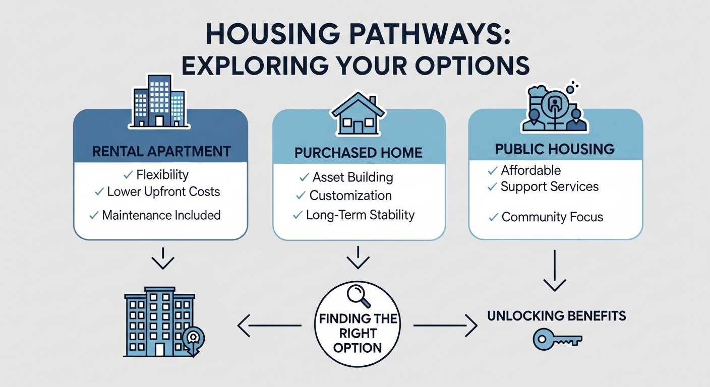 다양한 정부 주거 지원 정책을 통해 안정적인 집을 찾는 과정을 보여주는 인포그래픽