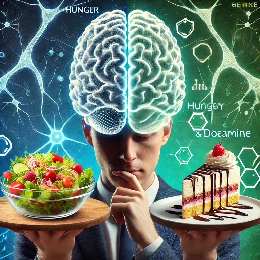 한 남자가 오른쪽에는 달콤한 케익과 왼쪽에는 신선한 야채를 두고 고민하는 모습을 담은 이미지