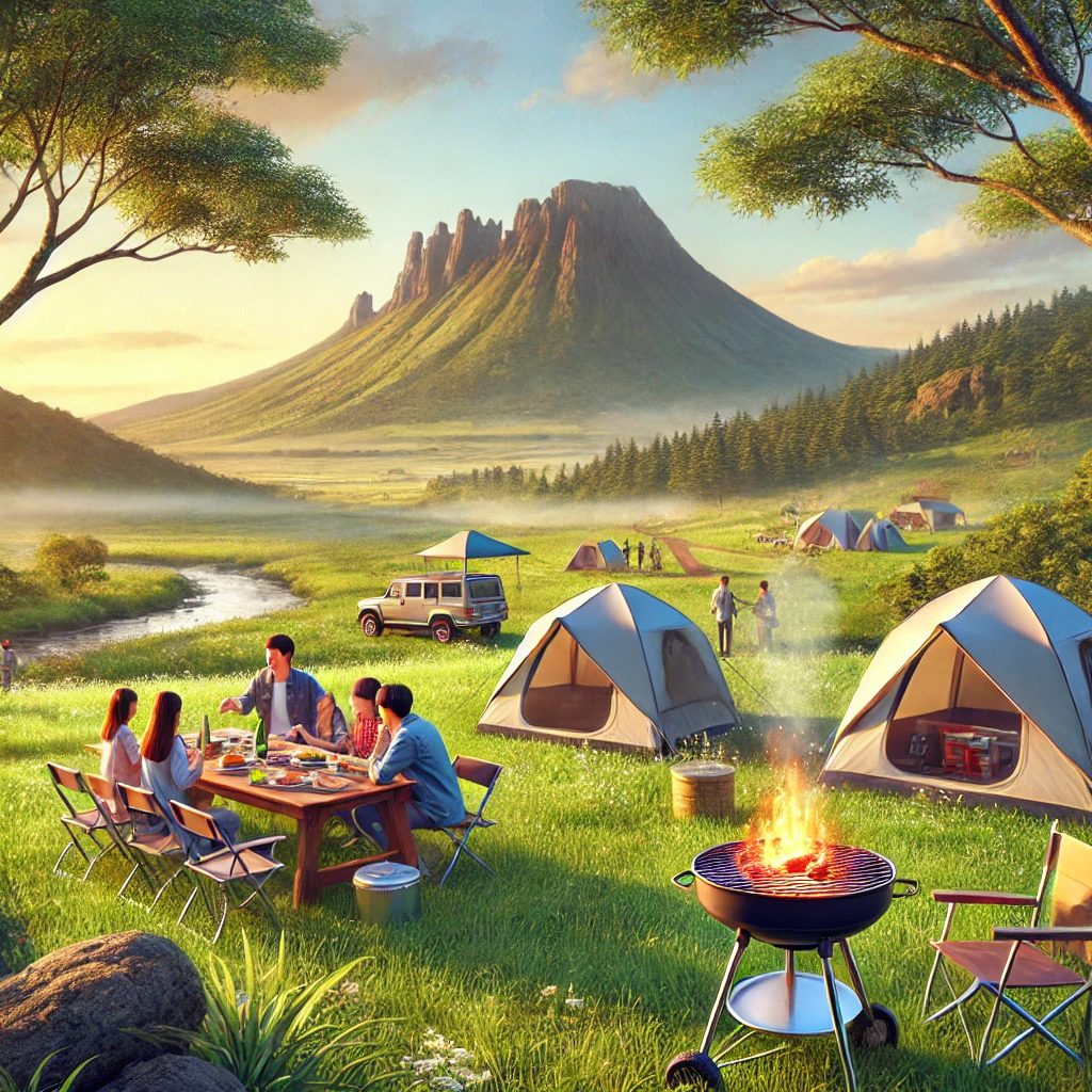 제주도의 푸른 초원과 텐트가 어우러진 캠핑장 전경, 가족이 함께 바비큐를 즐기는 모습