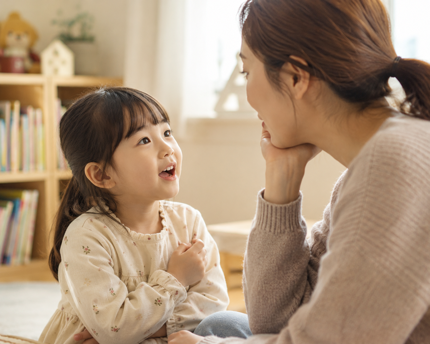 친구와 친구의 5살 아이가 대화 나누는 모습