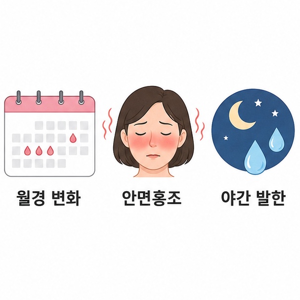 갱년기 초기의 월경 변화와 안면홍조, 야간 발한 증상을 정리한 이미지