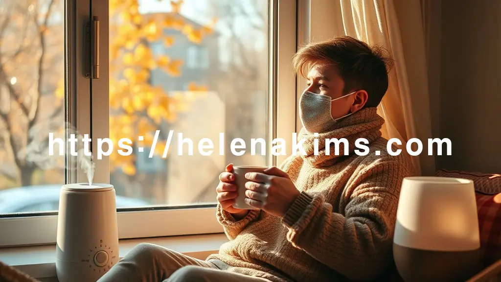 가을 창가에 앉아 따뜻한 머그잔을 든 남성이 편안하게 숨 쉬는 모습. 바깥은 쌀쌀한 가을빛, 실내는 가습기의 부드러운 김으로 촉촉함. 마스크와 체온을 감싸는 옷은 일교차와 건조함으로부터 호흡기 건강을 지키는 가을철 예방을 상징하는 모습.