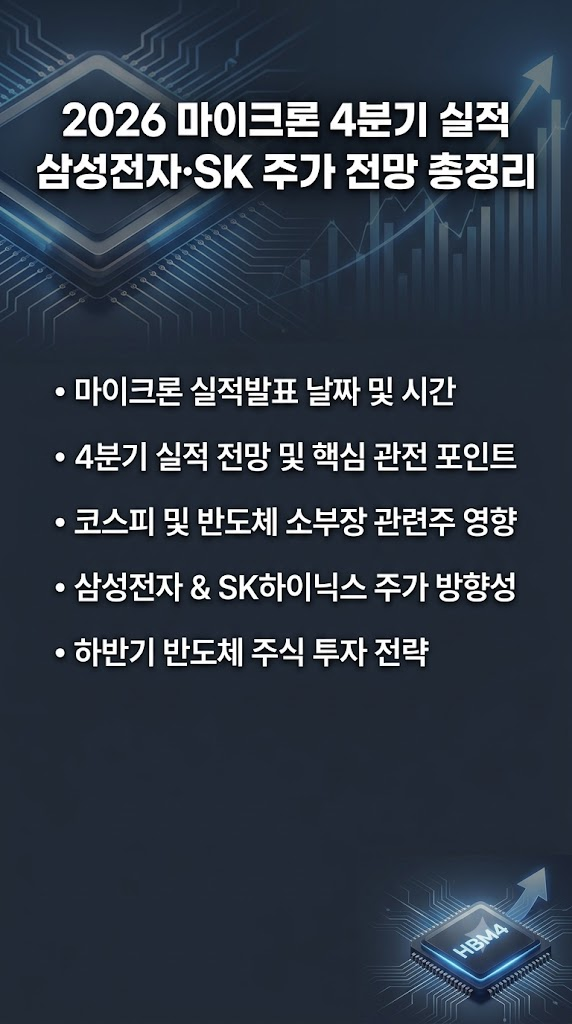 마이크론 실적발표, 2026&nbsp;4분기, 날짜, 시간(한국, 미국), 관련주, 코스피 영향, 삼성전자, SK하이닉스 주가 전망, 주식 투자 전략 총정리