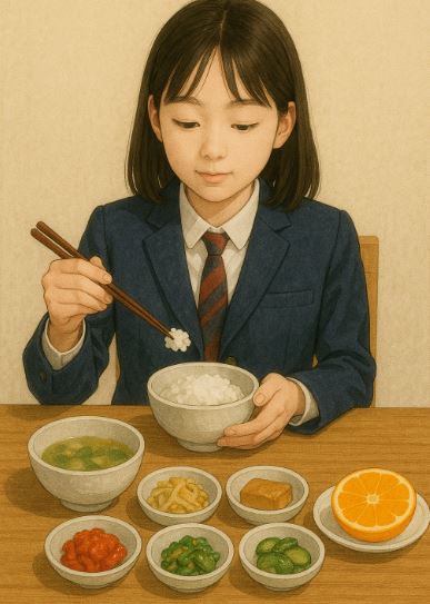 이침식사를 하고 있는 중학생