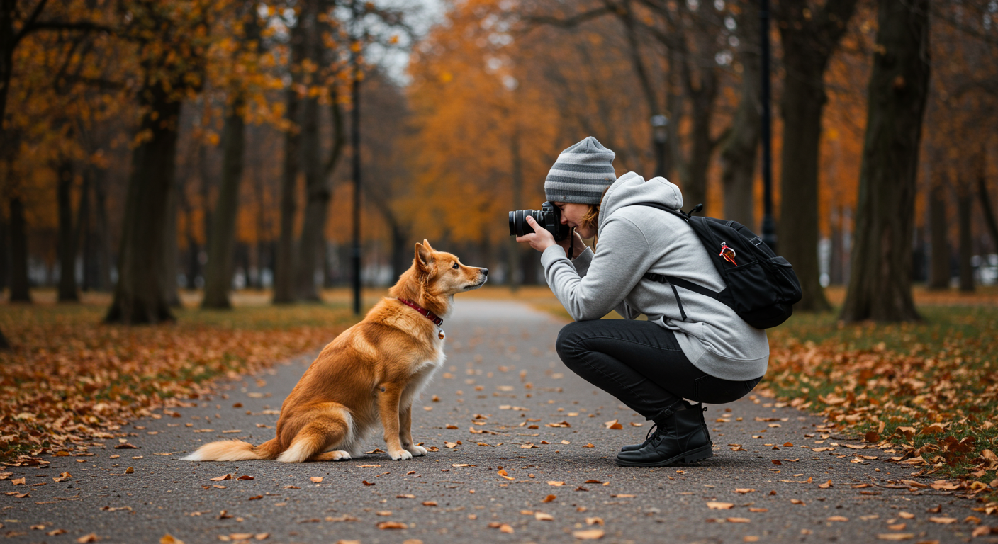 person crouching to take photo at dog's eye level