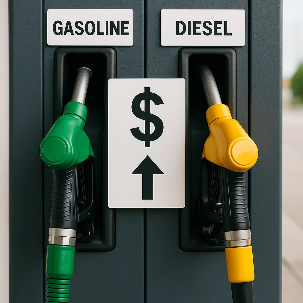 주유소에서-휘발유와-경유-주유-노즐이-나란히-배치된-모습-휘발유와-경유의-가격-차이가-발생하는-이유를-상징적으로-보여주는-장면