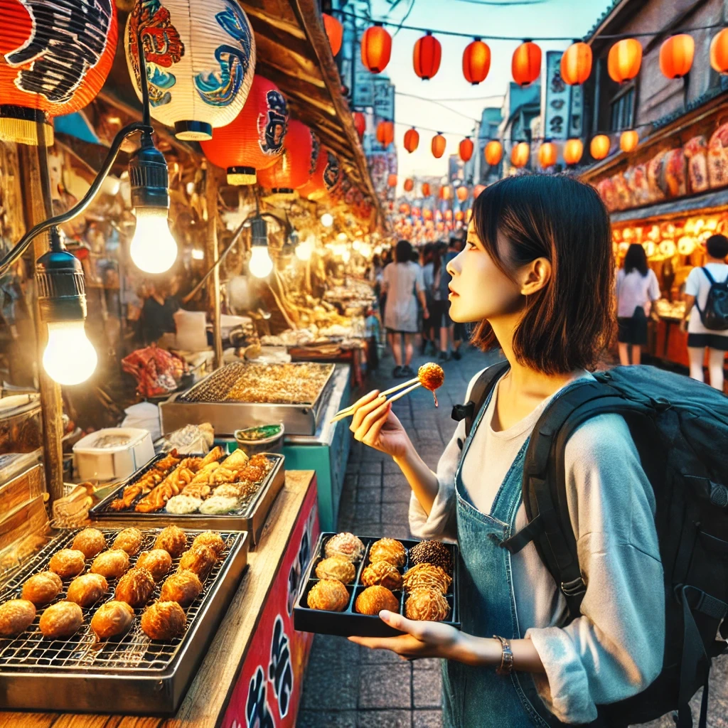 일본 시장에서 먹을 음식을 고민하는 모습