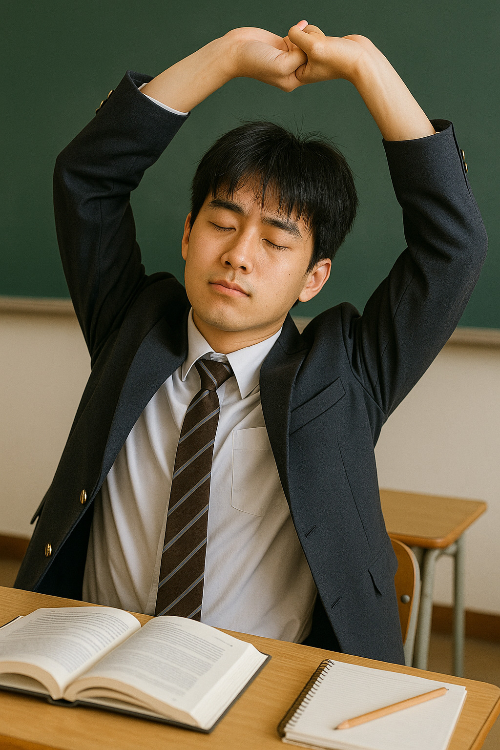 남자 수험생이 두 팔을 위로 뻗어 스트레칭을 하는 중인 이미지