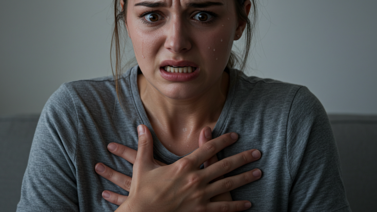 공항 발작을 겪고 가슴에 손을대고 고민하는 사람