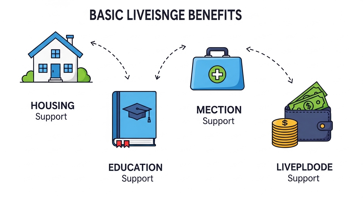 생계, 의료, 주거, 교육 급여 등 기초생활수급자의 다양한 혜택을 상징하는 아이콘들.