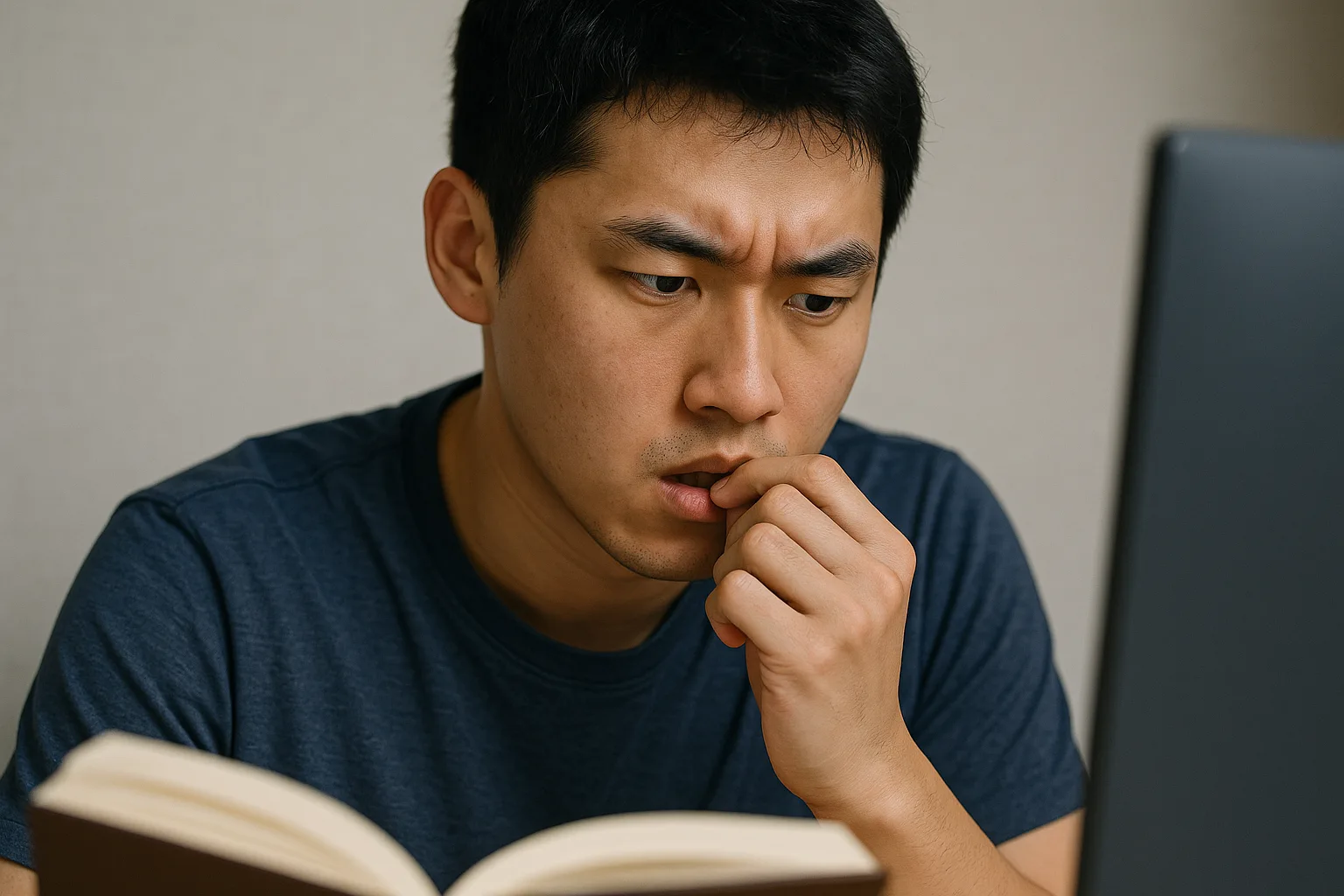 책이나 모니터를 뚫어지게 보면서 손톱을 무의식적으로 물어뜯는 장면