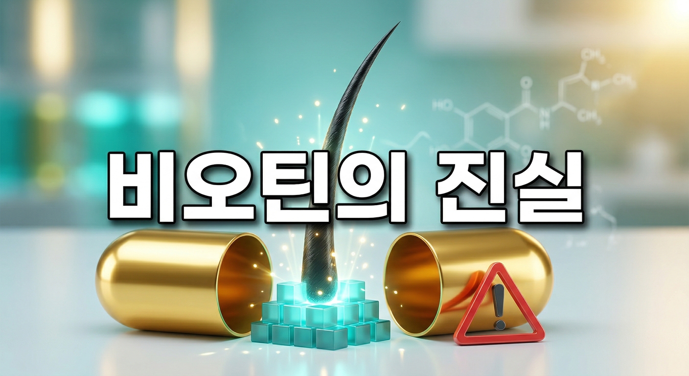 반으로 쪼개진 반짝이는 황금색 캡슐 한쪽에서 빛나는 단백질 벽돌의 지지를 받으며 굵은 머리카락이 자라나고 그 옆에 빨간색 경고 삼각형이 있는 3D 일러스트 배경에, 짙은 그림자와 외곽선으로 선명하게 강조된 '비오틴의 진실'이라는 한글 문구가 중앙에 적힌 이미지