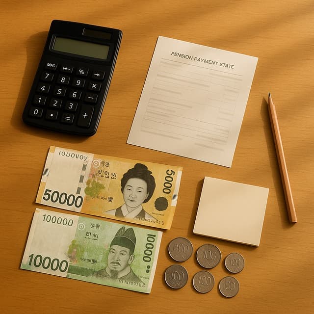 원목 식탁 위에 계산기와 연금 수령 내역서, 연필과 메모지, 한국 지폐와 동전을 가지런히 올려둔 상단 시점 이미지