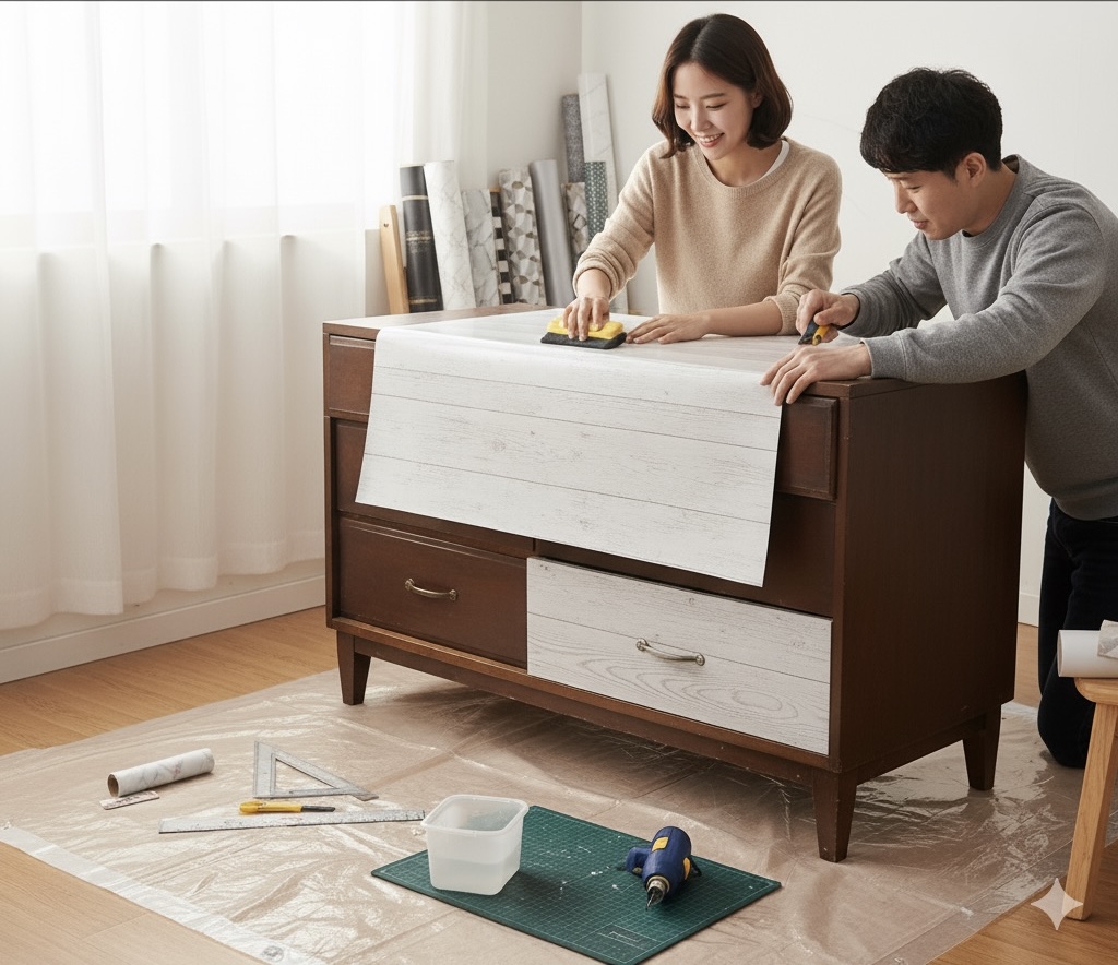 시트지로 가구 리폼하는 모습