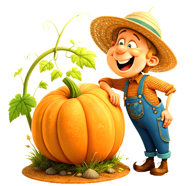 갈색 밀짚모자를 쓴 한 농부가 커다란 주황색 호박에 팔을 얹고 기쁨의 미소를 짓고 있다.