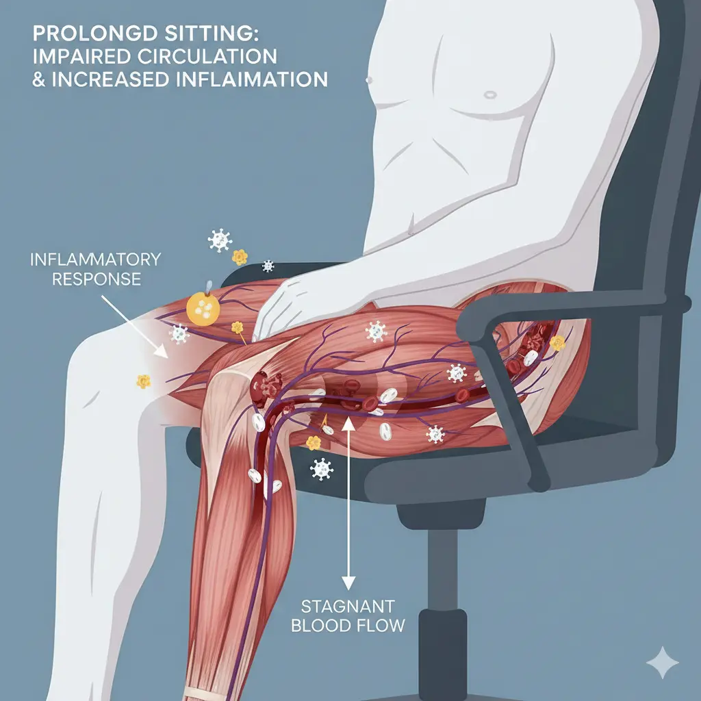 장시간 앉아 있을 때 혈류가 정체되고 염증 반응이 증가하는 과정을 설명하는 일러스트