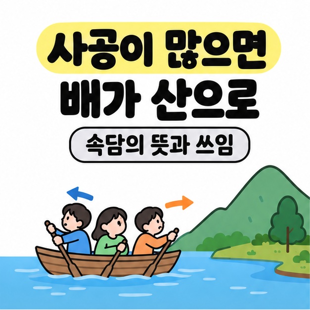 사공이 많으면 배가 산으로 제목 아래 세 사람이 서로 다른 방향을 향해 노를 젓는 배와 물가의 산을 그린 대표 이미지