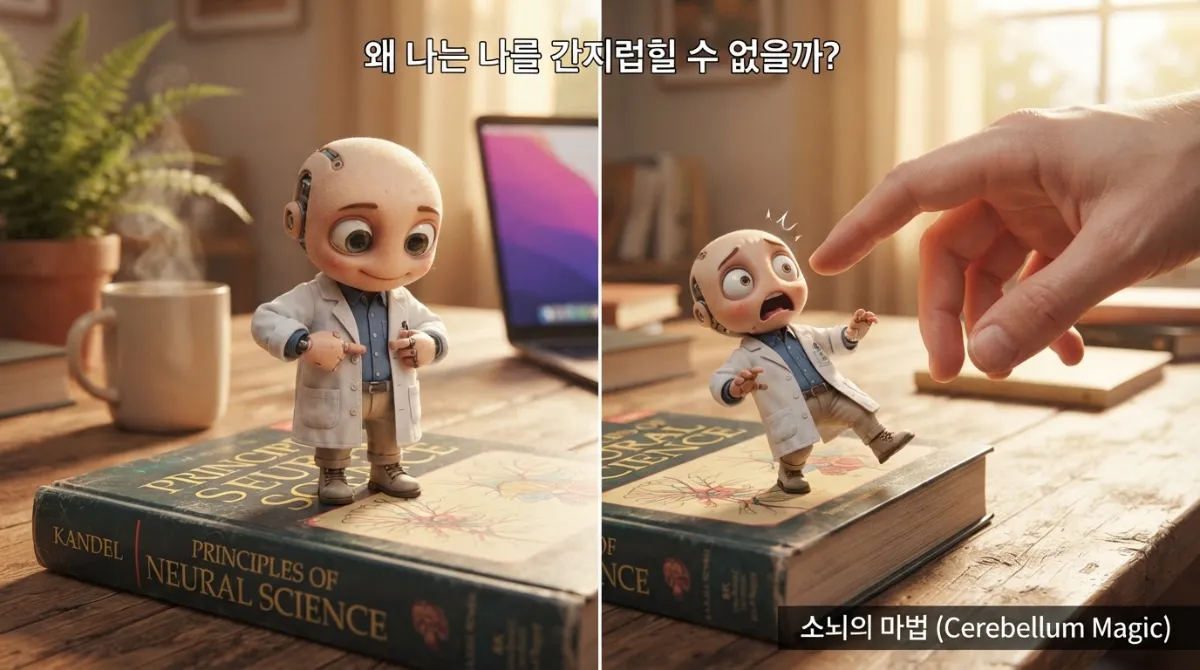 책상 위 뇌과학 교과서 위 미니미 캐릭터가 자기 옆구리를 찔러보지만 무반응이고, 거대한 성인 손이 우측에서 진입해 공포에 질려 움츠리는 상황. 배경엔 책상 위 커피잔과 노트북이 보케 처리되어 보이는 이미지