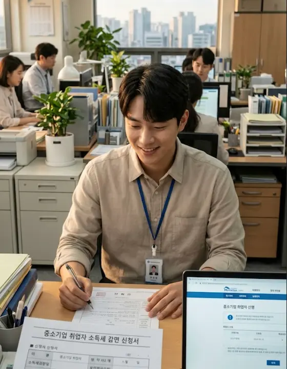 신청서를 작성중인 청년 사원 일러스트