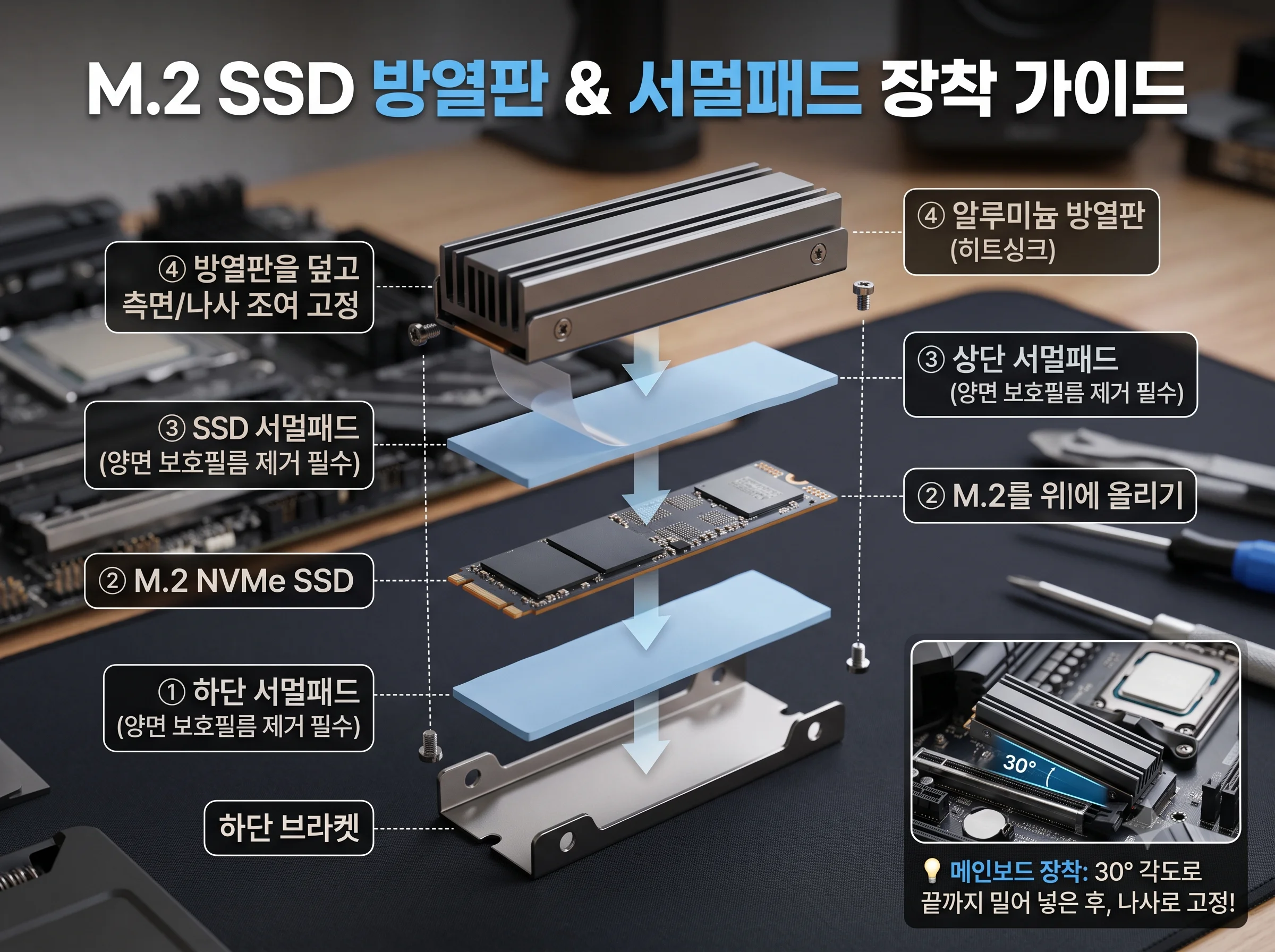 M.2 NVMe SSD 메인보드 방열판 장착 서멀패드 부착 방법