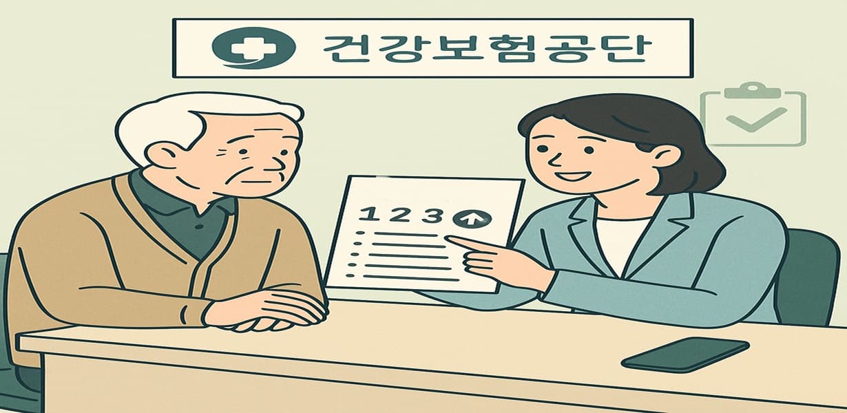 건강보험공단에서 장기요양보험 등급 판정을 위해 상담사가 어르신에게 점수표를 설명하는 장면 – 공공기관의 안정된 분위기 표현