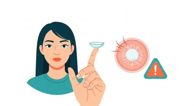 콘택트렌즈 착용이 각막 상처와 통증을 유발할 수 있음을 나타낸 그림