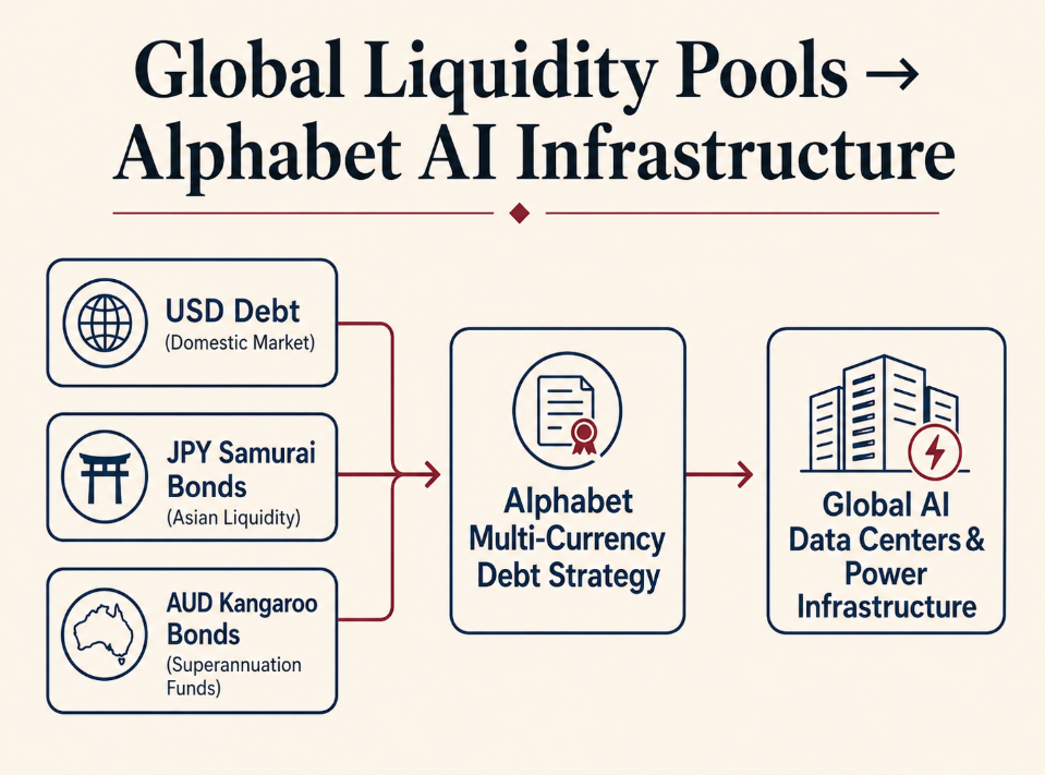 Diagram showing Alphabet's multi-currency debt diversification across USD, JPY, and AUD to fund global AI data centers.
