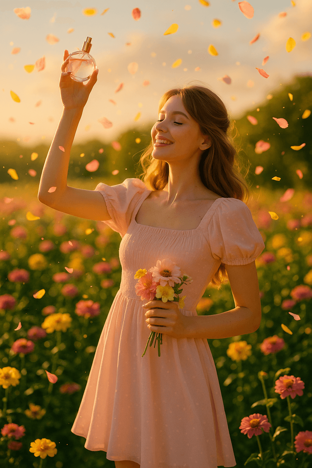 여름 꽃밭에서 파스텔 핑크 원피스를 입은 여성이 향수 병을 들고 꽃잎이 흩날리는 모습을 담은 사진&rdquo;

향기로 기억되는 2025년 여름 여자 향수 추천