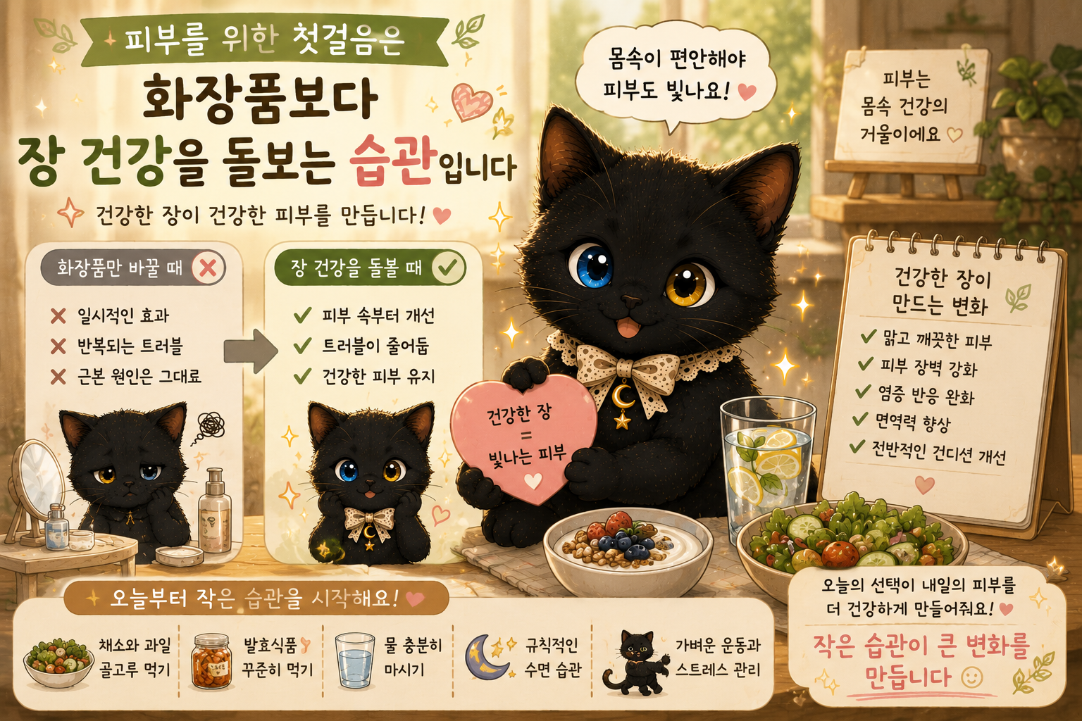 마무리: 피부를 위한 첫걸음은 화장품보다 장 건강을 돌보는 습관입니다