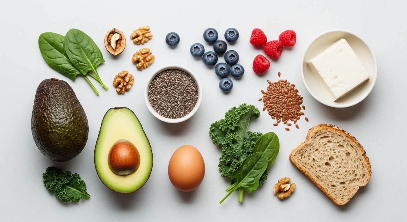 갱년기 호르몬 균형에 도움을 주는 신선한 아침 식단 재료: 아보카도, 베리류, 견과류, 두부, 통곡물