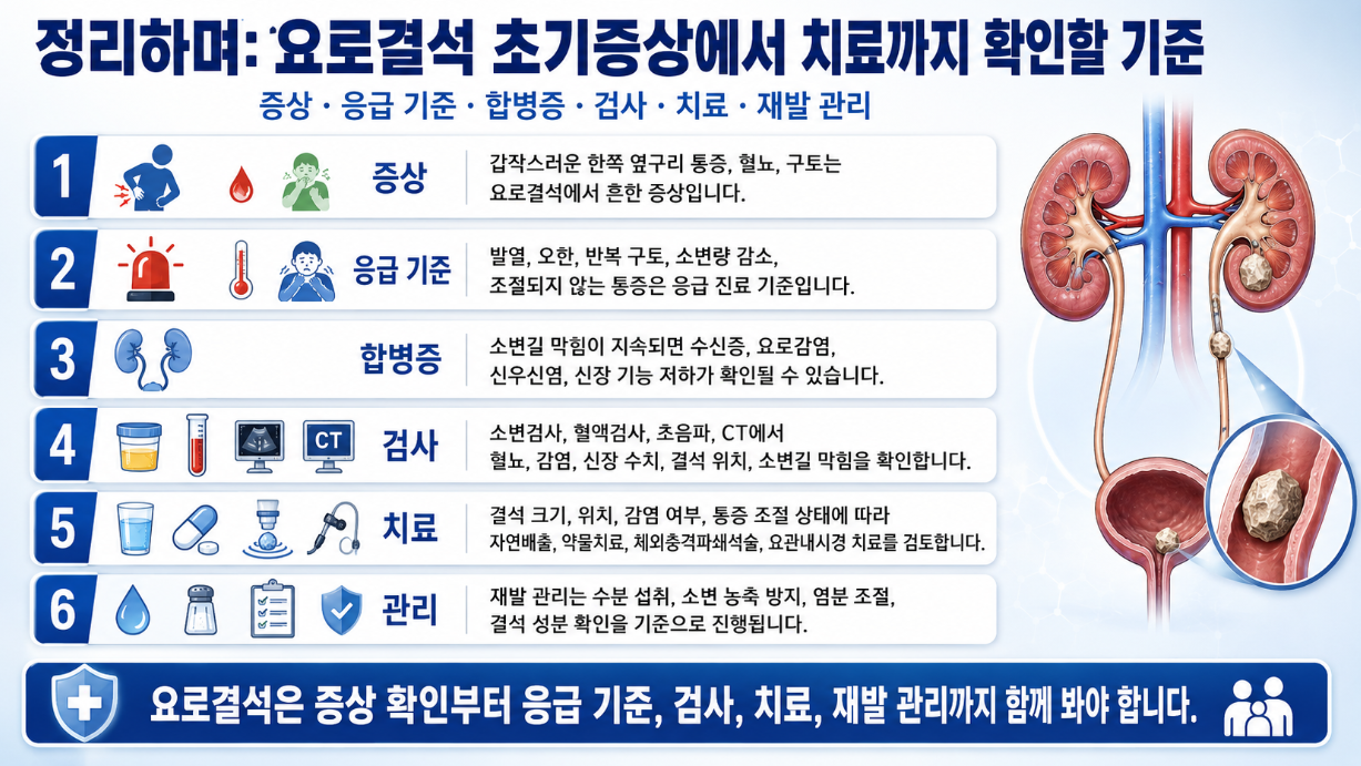 정리하며, 요로결석 초기증상과 응급기준, 합병증과 검사, 치료와 관리를 다룬 이미지