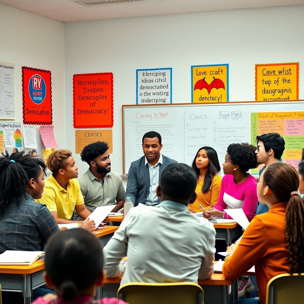 학생들이 교실에서 활발하게 정치 또는 사회 현안에 대해 토론하는 모습입니다. 여러 인종과 배경의 학생들이 서로 다른 의견을 제시하고 경청하며, 선생님은 토론을 격려하고 있습니다. 교실 벽에는 민주주의의 원칙이나 시민 참여에 대한 포스터가 걸려 있습니다. 밝고 긍정적인 분위기로, 열린 대화와 비판적 사고가 이루어지는 역동적인 교실 환경을 표현합니다.