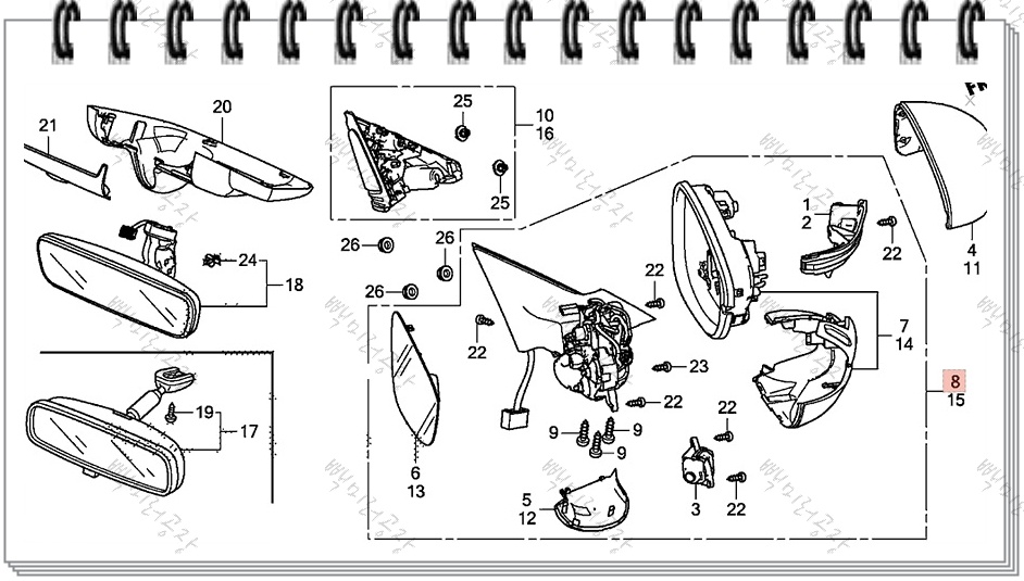혼다 어코드 사이드미러 속커버 깜박이 부품 위치 구조도