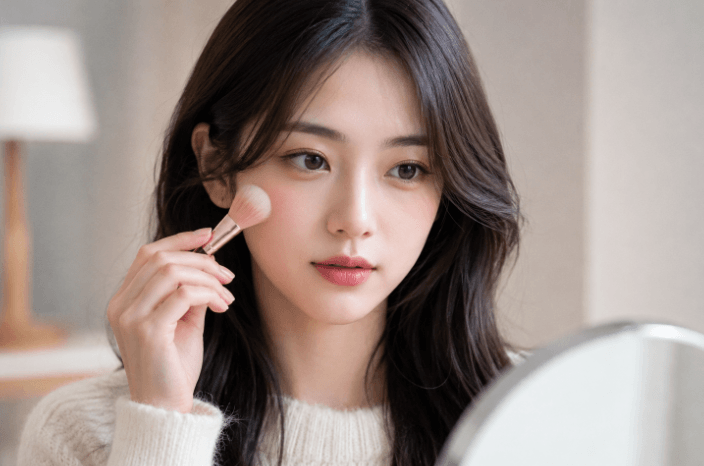 거울보면 블러셔 바르는 여자
